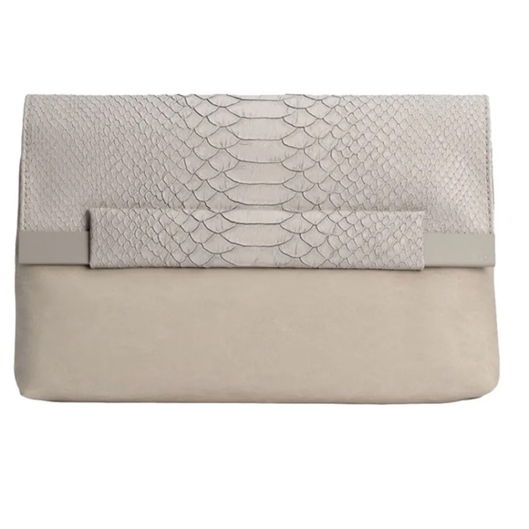 French Connection Faux Snakeskin & Suede Foldover Clutch Neutral Gray Beige - Picture 1 of 10